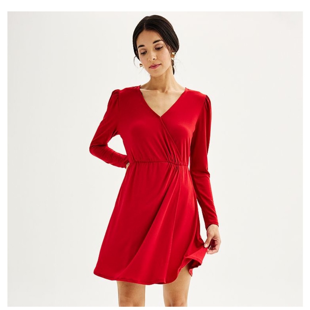 Nine West Vibrant Red Long Sleeve Wrap Dress